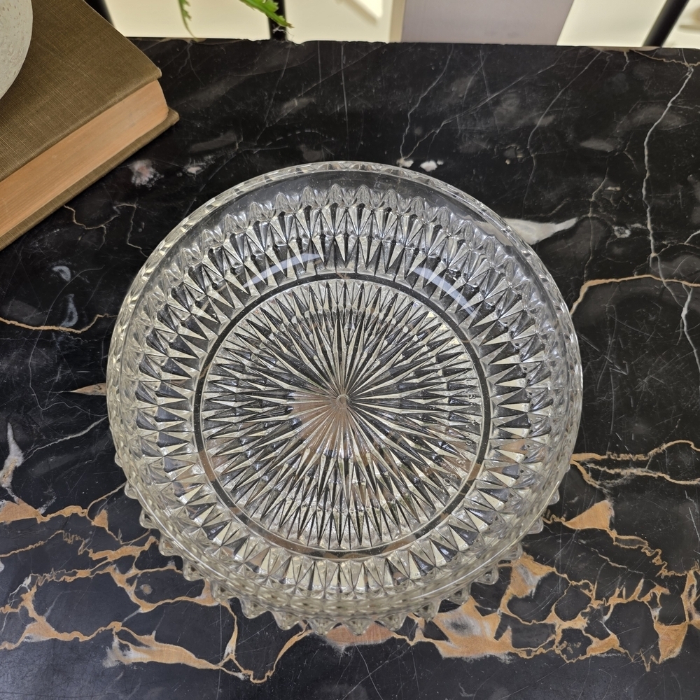 Vintage Heavy Cut Lead Crystal Bowl Diamond Point Spike Pattern Rayed Base 7"